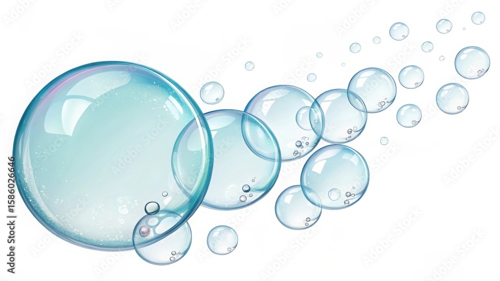 Poster a collection of iridescent soap bubbles floating in the air on a plain white background design eleme