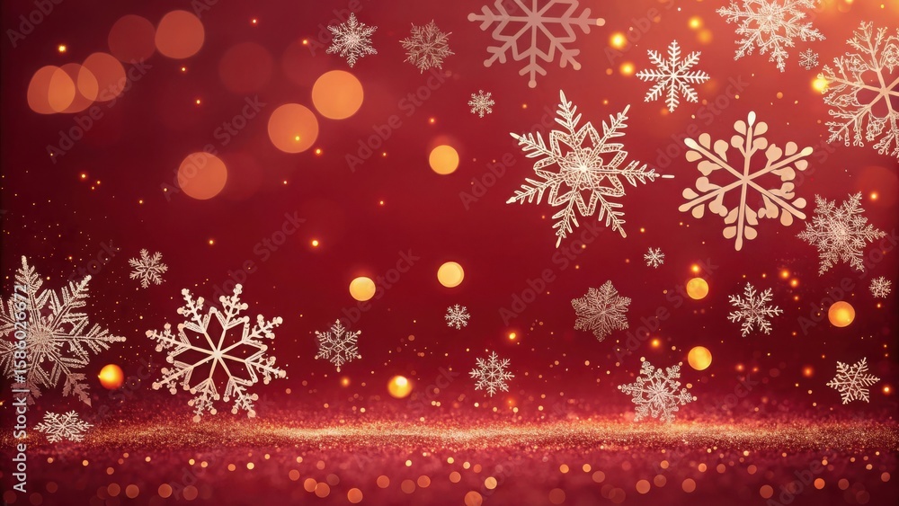 Poster festive red background with snowflakes and bokeh lights creating a christmas atmosphere scene