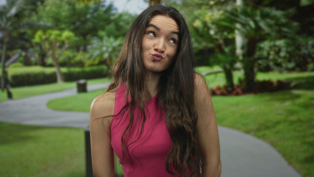 Young hispanic woman in pink tank top with long dark hair and puckered lips blows kiss in green park; affection.