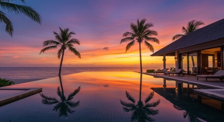 Obraz premium Stunning sunset view over ocean from luxury villa with infinity pool reflecting vibrant sky.