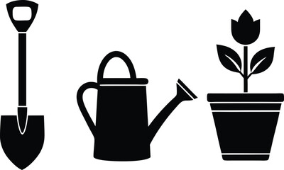 Essential Gardening Icons Set – Shovel, Watering Can, and Potted Flower Silhouette