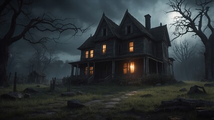 Haunted Mansion at Night with Glowing Windows and Moonlight in Spooky Forest