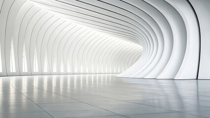 The futuristic white tunnel showcases a modern architectural design with its curved walls and shiny floor, creating a clean and empty space