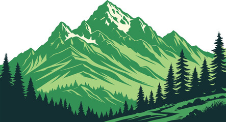 Fototapeta premium Vibrant Stylized Illustration of Green Mountains with Pine Forests and Snowy Peaks