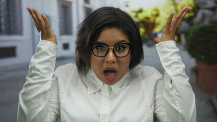 Woman expressing surprise with hands raised in an outdoor urban city setting during the day...
