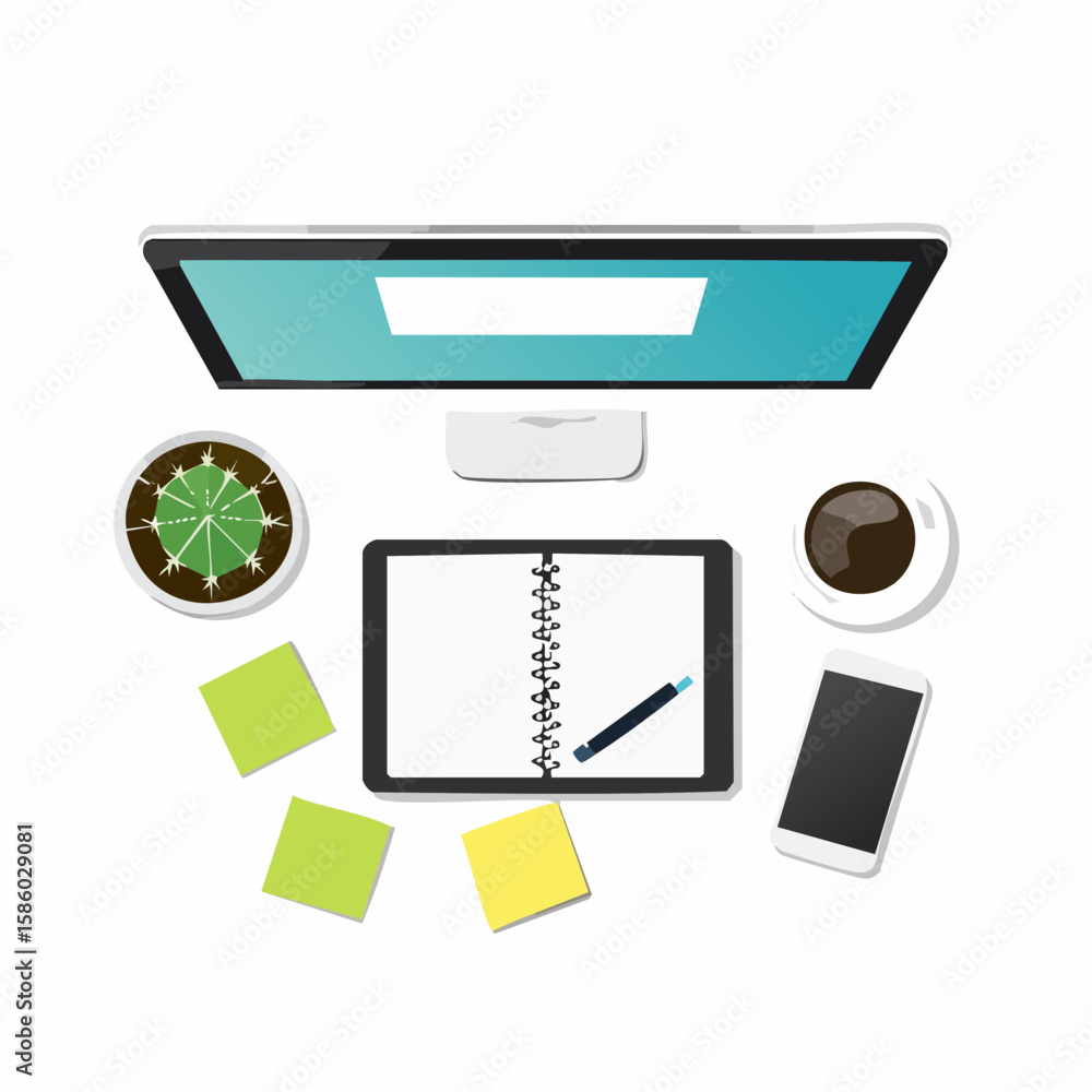 Poster flat lay of a modern workspace with cactus notebook and coffee