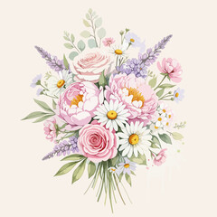 Fototapeta premium Elegant Watercolor Floral Bouquet with Roses, Peonies, and Daisies