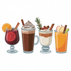A product photography layout of four winter beverages arranged in a row against a pure white background.