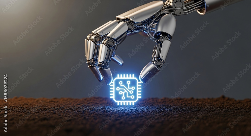 Poster robotic hand placing a glowing circuit board symbol on a textured surface, representing advanced tec