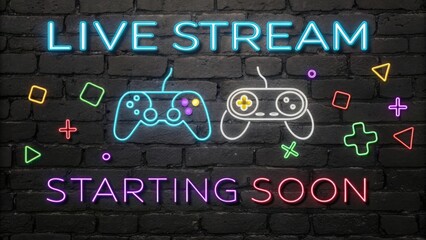 Neon live stream starting soon sign with game controllers on a dark brick wall background design element