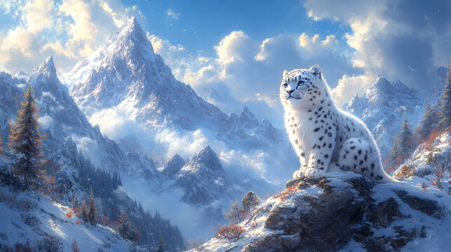 Majestic snow leopard in a rugged mountain environment