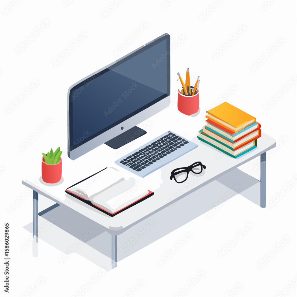 Poster isometric view of a modern workspace with computer books and accessories