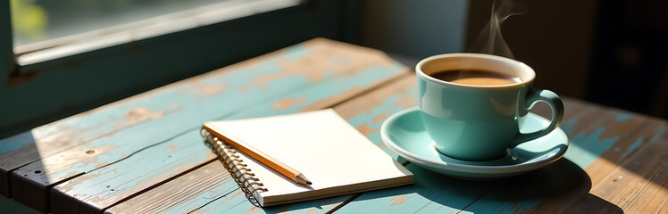 worn wooden table rustic teal finish supports steaming coffee cup blank notepad pencil bathed soft morning sunlight