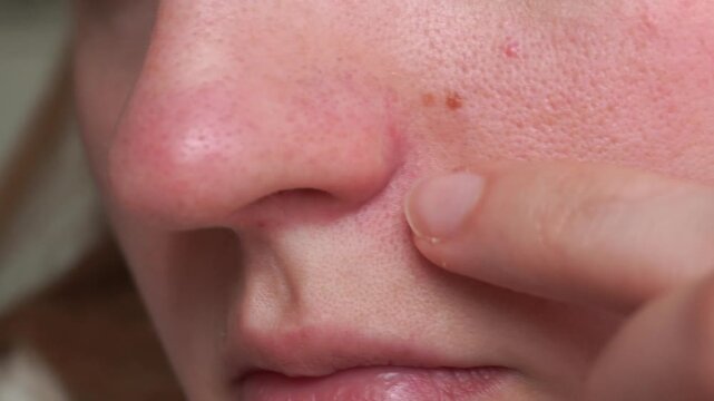 Close-up video of fingers squeezing nose skin with enlarged pores. Ideal for dermatology, skincare, acne treatment, health education, and cosmetic procedures.