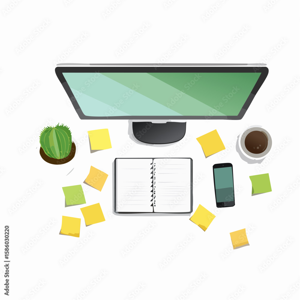 Poster modern workspace with computer cactus notepad and sticky notes