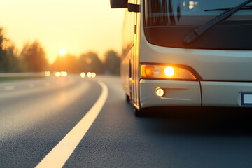 Obraz premium Road trip at sunset: A commercial bus heads into the golden horizon on a curved highway. Adventure awaits. Transportation on the move.