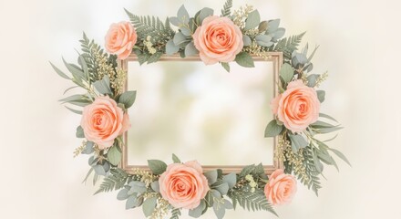A light peach-colored floral frame with roses and greenery accents.