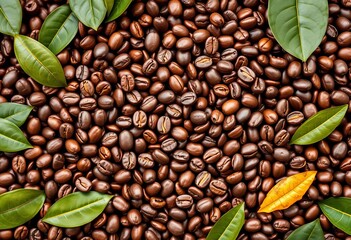 Heart-shaped arrangement of roasted coffee beans & leaves, fair trade concept, image, texture