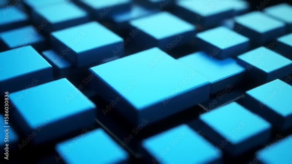 Poster minimalist 3d rendering of a blue cube on a reflective black surface in a dark environment.