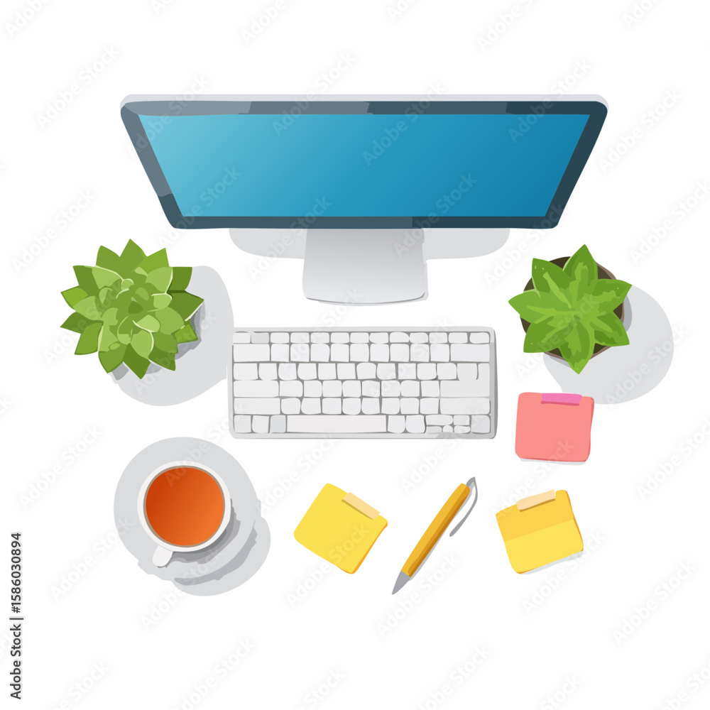 Poster overhead view of a modern workspace with computer plants and stationery