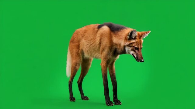Maned Wolf on Green Screen: A striking maned wolf stands alert against a vibrant green screen, showcasing its unique reddish-brown fur and tall, slender legs.