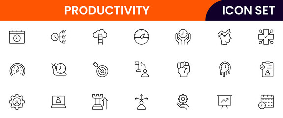 Productivity vector web line icon collection, sleek illustrations of tasks, clocks, calendars, efficiency tools for streamlined, effective designs.