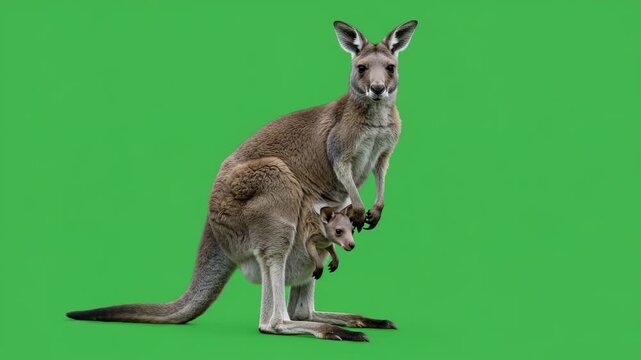 Red Kangaroo with Joey: A female red kangaroo stands tall, protectively cradling her joey in her pouch against a vibrant green screen background.