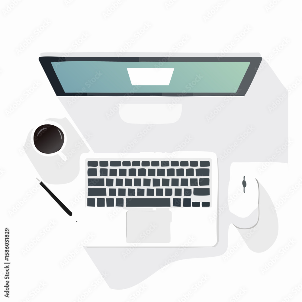 Poster overhead view of modern workspace with computer coffee and mouse