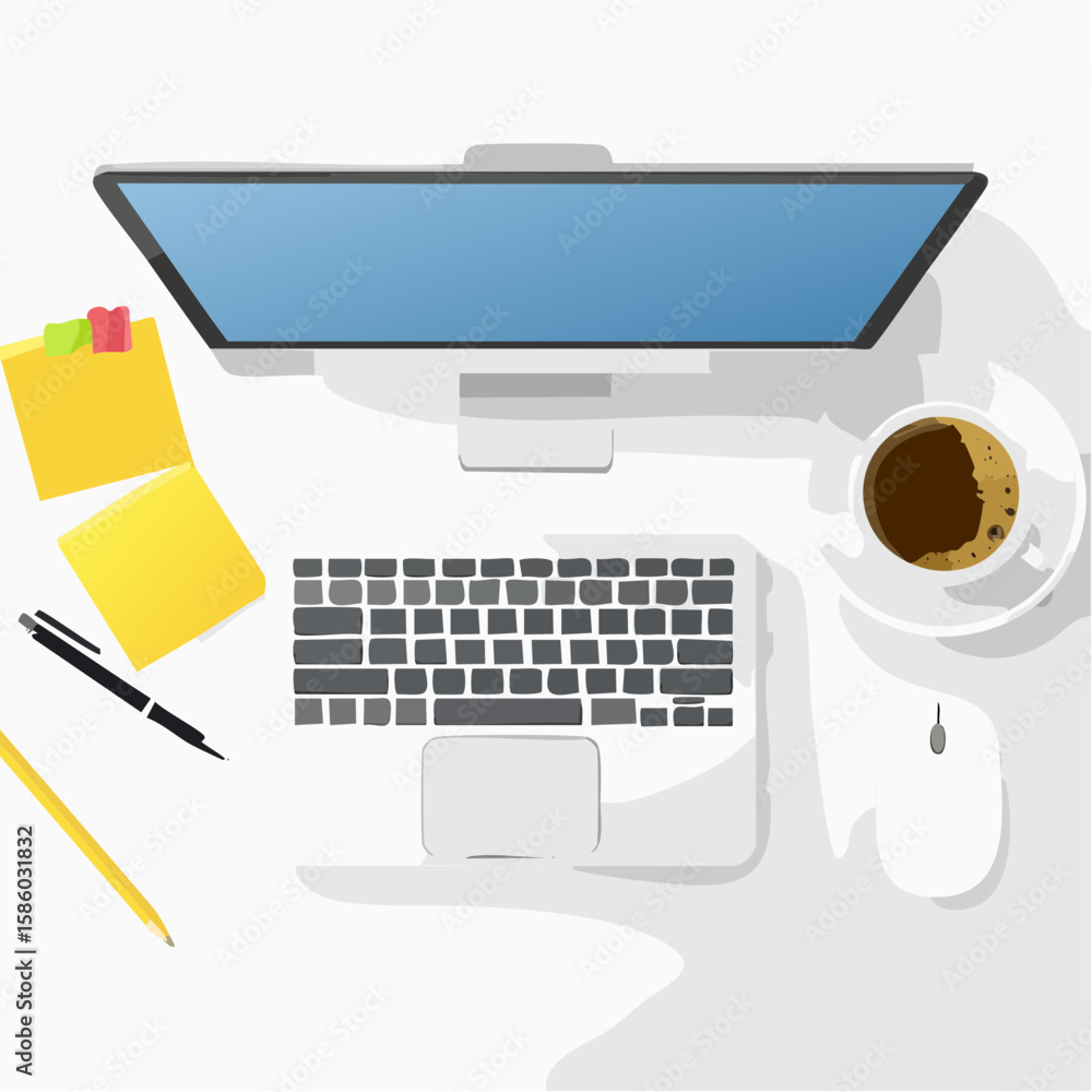 Poster overhead view of modern workspace with computer coffee and stationery