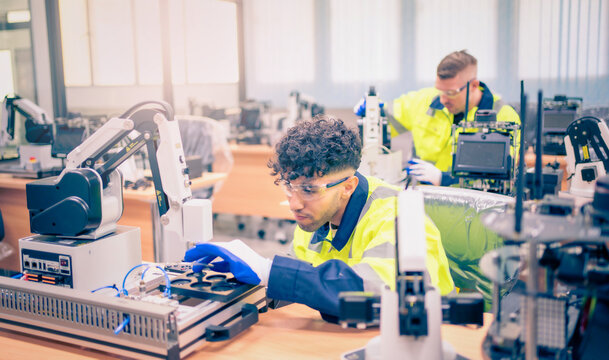 Mechanical engineering team working in robotic technology lap for research and develop for manufacturing automation and robotics.