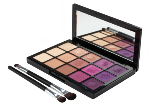 Makeup eyeshadow palette with brushes and mirror isolated on transparent background