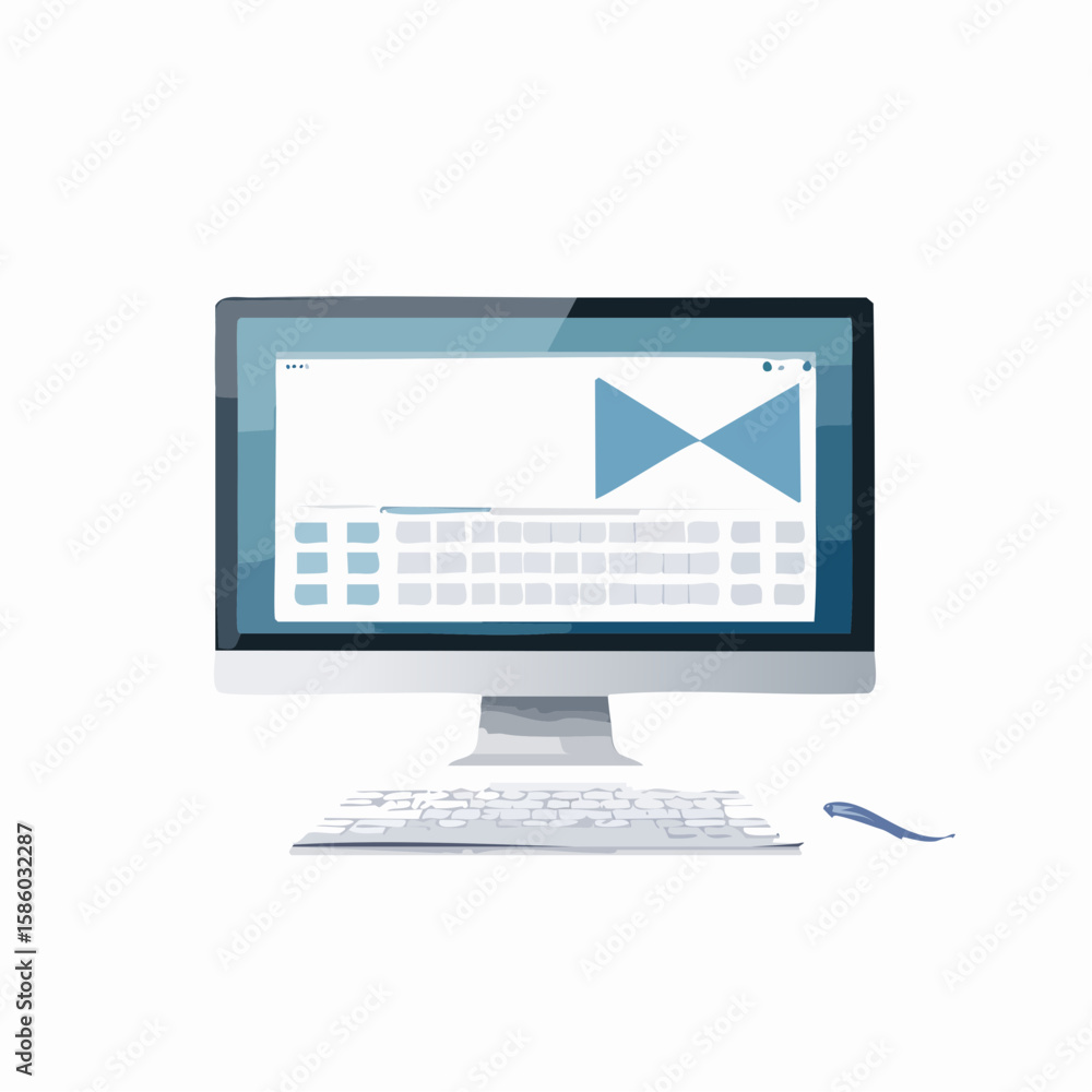Poster stylish desktop computer with blue interface and mouse