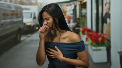 Young woman coughing outdoors on a city street, expressing discomfort, wearing a blue dress with...