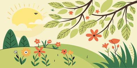 Summer vector background with flowers and trees. 