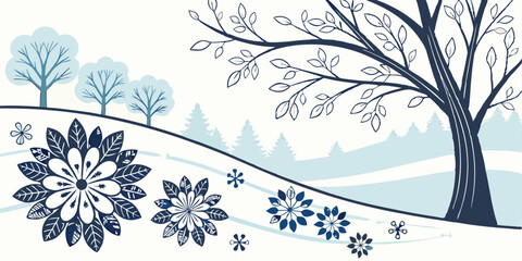 Winter vector background with trees and snow. 