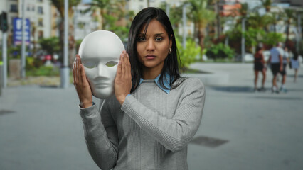 Woman holding a white mask on a busy outdoor street expresses mystery and anonymity in an urban...