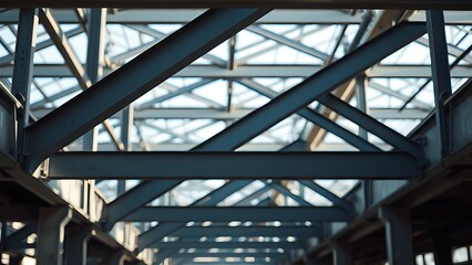 Geometric arrangement of industrial steel beams at a construction site, bathed in soft natural light.