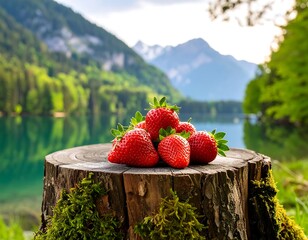 Fresh strawberries on a tree stump by a lake (1)