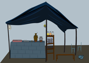 India, Kerala Tea Shop Illustration Vector drawing. Samover tea shop drawing vector.