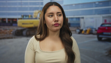 Hispanic woman counting fingers in front of excavator at construction site near building;...