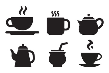 Hot Beverage Icons set. Tea, Coffee, Kettle, Mug, Silhouettes