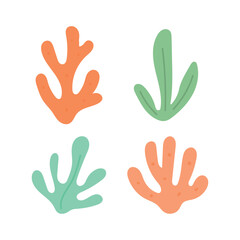 Obraz premium Colorful seaweed and coral collection in soft orange, mint, and green tones, perfect for ocean pattern design, aquarium graphics, or sea life themes.