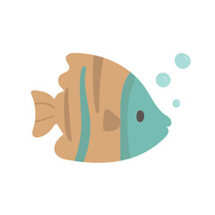 Cute tropical fish with blue and tan stripes, blowing bubbles, great for aquatic kids books, marine life prints, or cheerful underwater art.