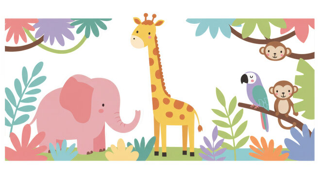 Playful Jungle Scene with a Pink Elephant, Giraffe, Parrot, and Monkeys in a Cartoon Style