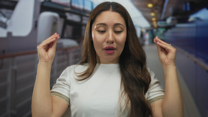 Woman gestures hands to illustrate lively speech in building corridor under warm daylight; active...
