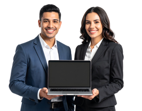 Professional business team holding a laptop. smiling man and woman on a transparent background.
