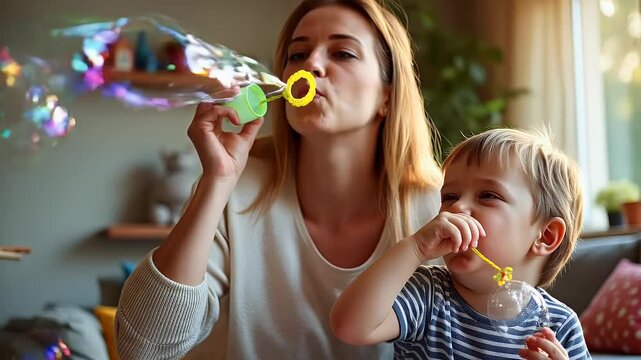 Portrait of mother and son with down syndrome blowing bubbles together Portrait of mother and son with down syndrome blowing bubbles together while playing at home community