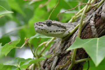 Obraz premium Snake gracefully slithers along a textured tree trunk, blending with vibrant vines