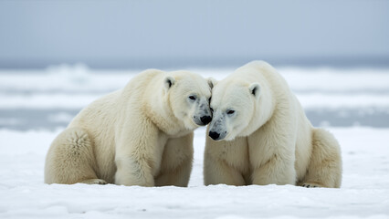 Two polar bears touching noses on snowy arctic landscape. Close up of two white bears interacting in a winter environment.