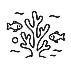 Simple Line Art Illustration of Coral Reef with Fish and Bubbles in Black and White